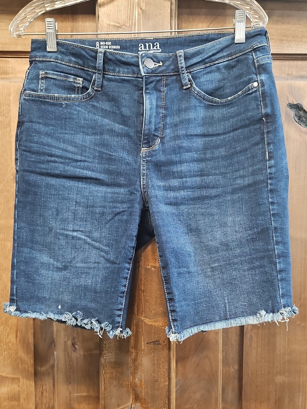 a.n.a Women's Dark Blue Frayed Hem Denim Bermuda Shorts
